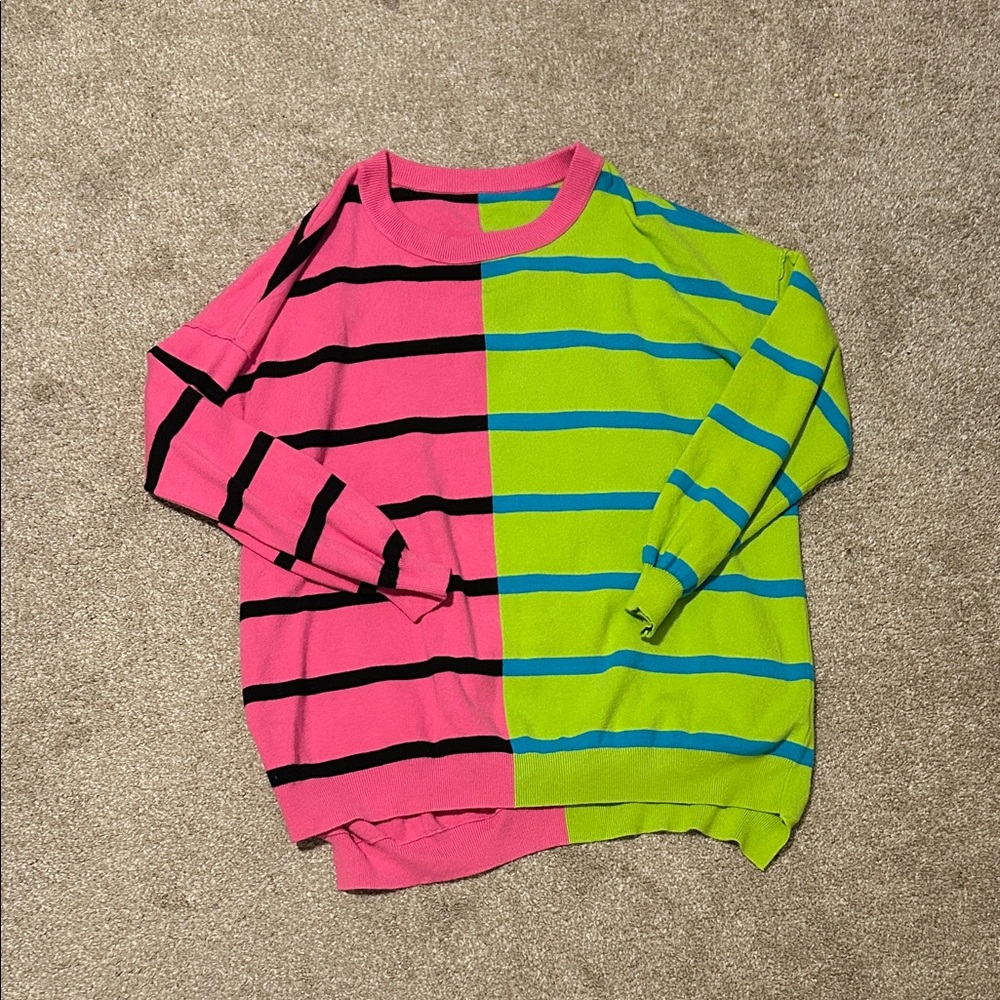 Vibrant Pink and Green Striped Sweater